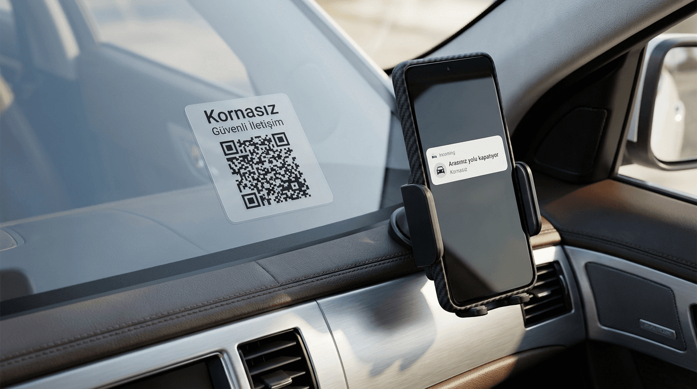 Ön camda Kornasız QR etiketi ve bildirim gösteren telefon